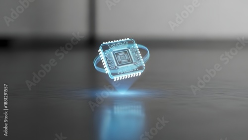 Floating microchip with glowing blue energy a futuristic technology display concept