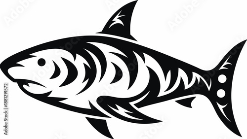 Stylized black and white tribal shark vector art illustration in a fierce design