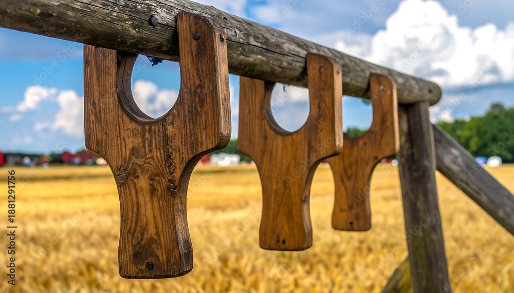 Obraz premium Three wooden slingshots hanging on a wooden beam in a field.