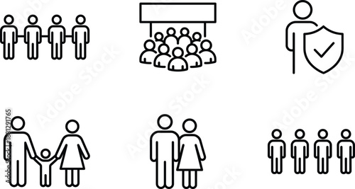 People and community outline icons set, group crowd security family couple teamwork, simple black line symbols
