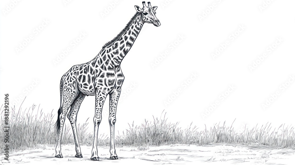 Naklejka premium Giraffe drawing in savanna background. Possible stock photo use