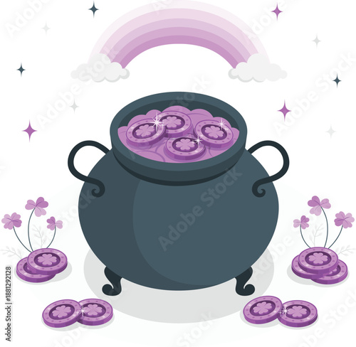 Mystical cauldron overflowing with purple coins under a vibrant rainbow and flowers