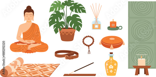 Meditation and mindfulness illustration with Buddha, yoga mat, incense, candles, and calming home decor elements