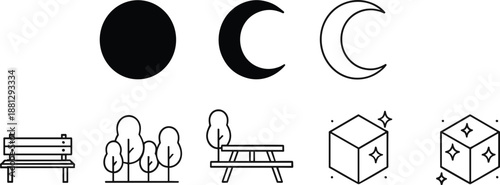 Minimal park and nature icon set with moon phases, trees, bench and picnic table, outline flat vector symbols