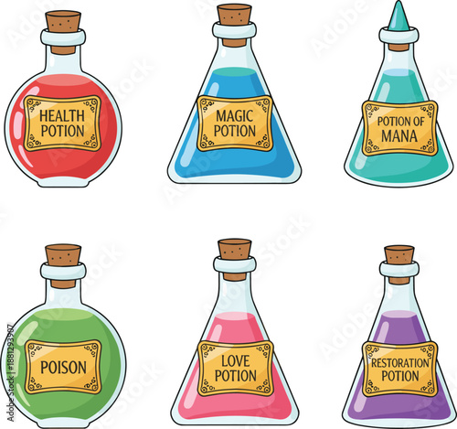 Fantasy magic potion bottles vector set with health, mana, love, poison and restoration alchemy flasks