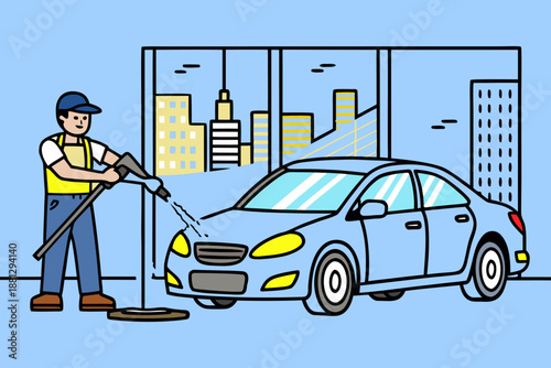 Car Wash Service with Worker Cleaning Blue Sedan in City Background. Car Washing Illustration. Woman Standing near Cleaning Company Car Flat Cartoon Vector Illustration.