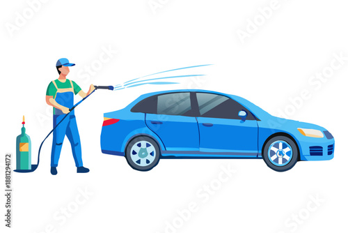 Car Wash center station landing. Car service workers. People in repair process, mechanics work fix breakdowns, change automobile details, make diagnosis and wash auto in garage.