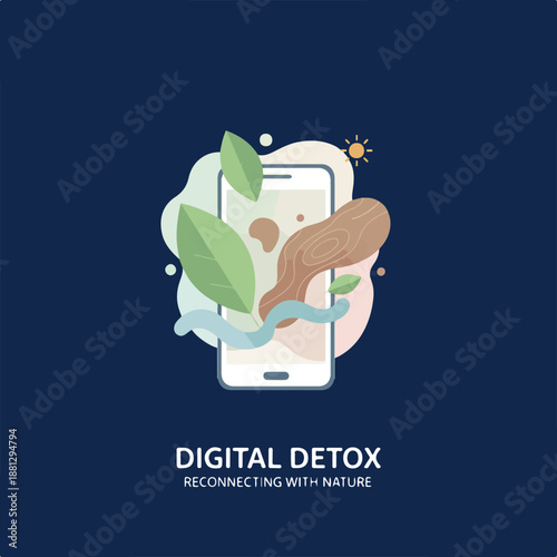 Digital detox concept vector illustration, smartphone fading into natural organic .eps