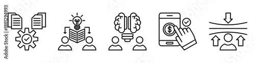 knowledge process icon set. for information flow. icon set contain documentation, knowledge sharing, brainstorming, online payment, resilience. simple vector line illustration.