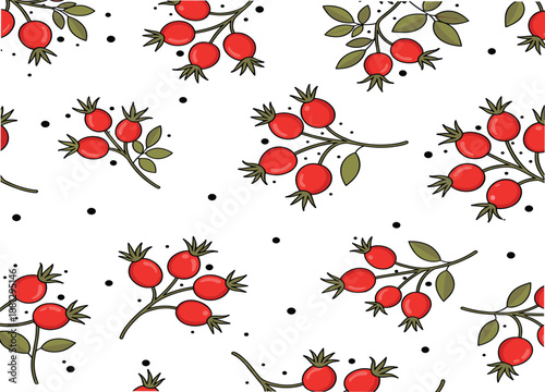 Seamless rosehip berry branch pattern in hand drawn style, botanical red fruit background illustration for fabric and wallpaper