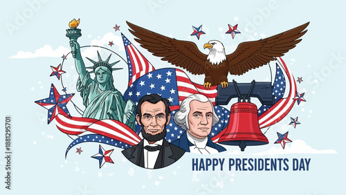 Happy Presidents Day USA: Liberty, Lincoln, Washington, Eagle, Flag, Liberty Bell