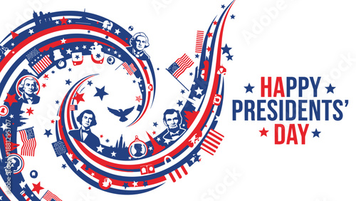 Happy Presidents' Day USA patriotic swirl with American flags, presidents, and stars