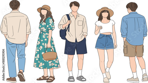 Stylish young people summer fashion set, casual men and women outfits with hats, modern flat character illustration collection