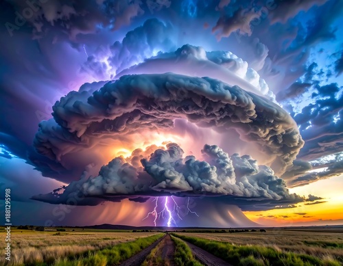 A dramatic stormy sky with a massive thunderhead cloud and lightning over a rural landscape