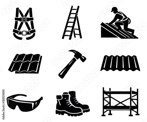Solid icon construction and roofing set featuring safety equipment, tools, and materials for building projects