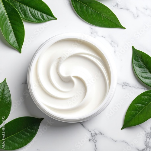 Cream swirls surrounded by green leaves