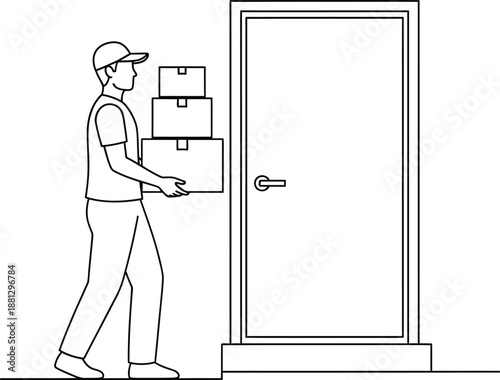 Delivery man in a cap and uniform walking while carrying a stacked pile of three cardboard boxes.