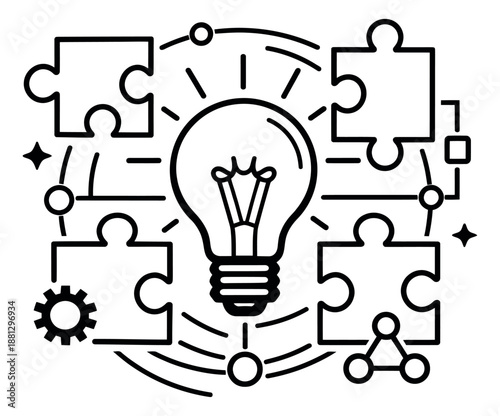 Line art illustration of a lightbulb and interconnected puzzle pieces depicting creative problem solving for business concepts