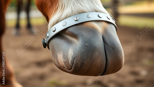 keratin. Close-up detail of a horse's hoof meeting a new metal horseshoe, focus on fit between keratin and steel. wildlife magazines.