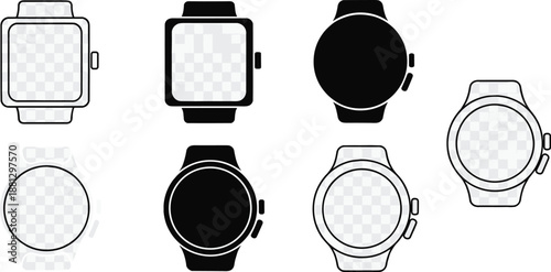 Smartwatch Icon Set Featuring Solid and Outline Designs in Square and Round Styles for Tech Interfaces, UI, and Product Visualization