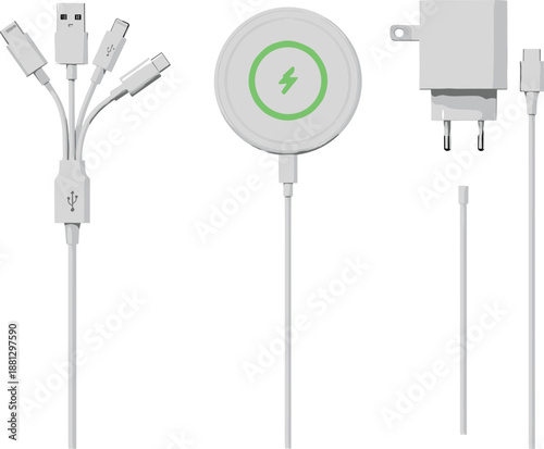 Versatile Charging Accessories Featuring Multi-Connector USB Cable, Wireless Charging Pad, and Wall Charger for Modern Electronic Devices