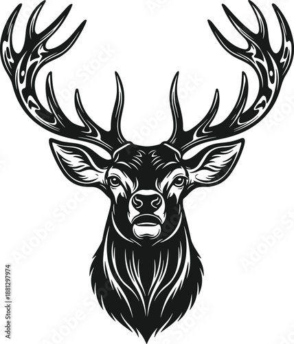 PMajestic stag deer head with large antlers silhouette, wild forest animal trophy and hunting club emblem vector illustration.