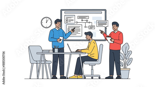 Three Colleagues Discussing Project at Office Desk.