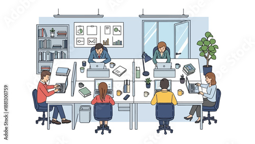 Office Workers at Workstations with Computers.