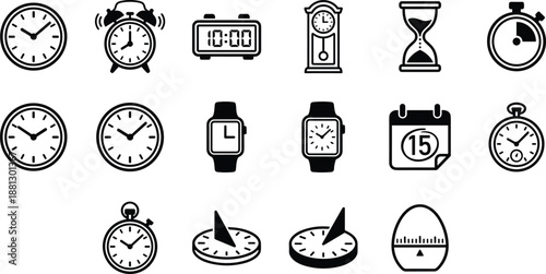 Set of Minimalist Black Time and Clock Icons Featuring Alarm, Sandglass, Stopwatch, Digital Display, Wristwatch, Sundial, and Calendar Symbols.