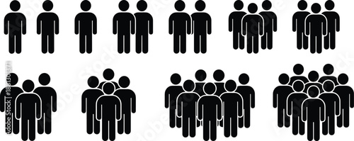 Set of people icons, black human figures, group of users symbols, business team members, and community vector design elements.