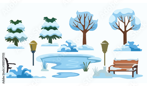Cartoon Winter Nature Elements Vector Set for Snowy City Park Scenes