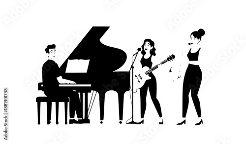 Cartoon Jazz Band Musicians Vector Illustration with Piano Guitar Saxophone and Singer