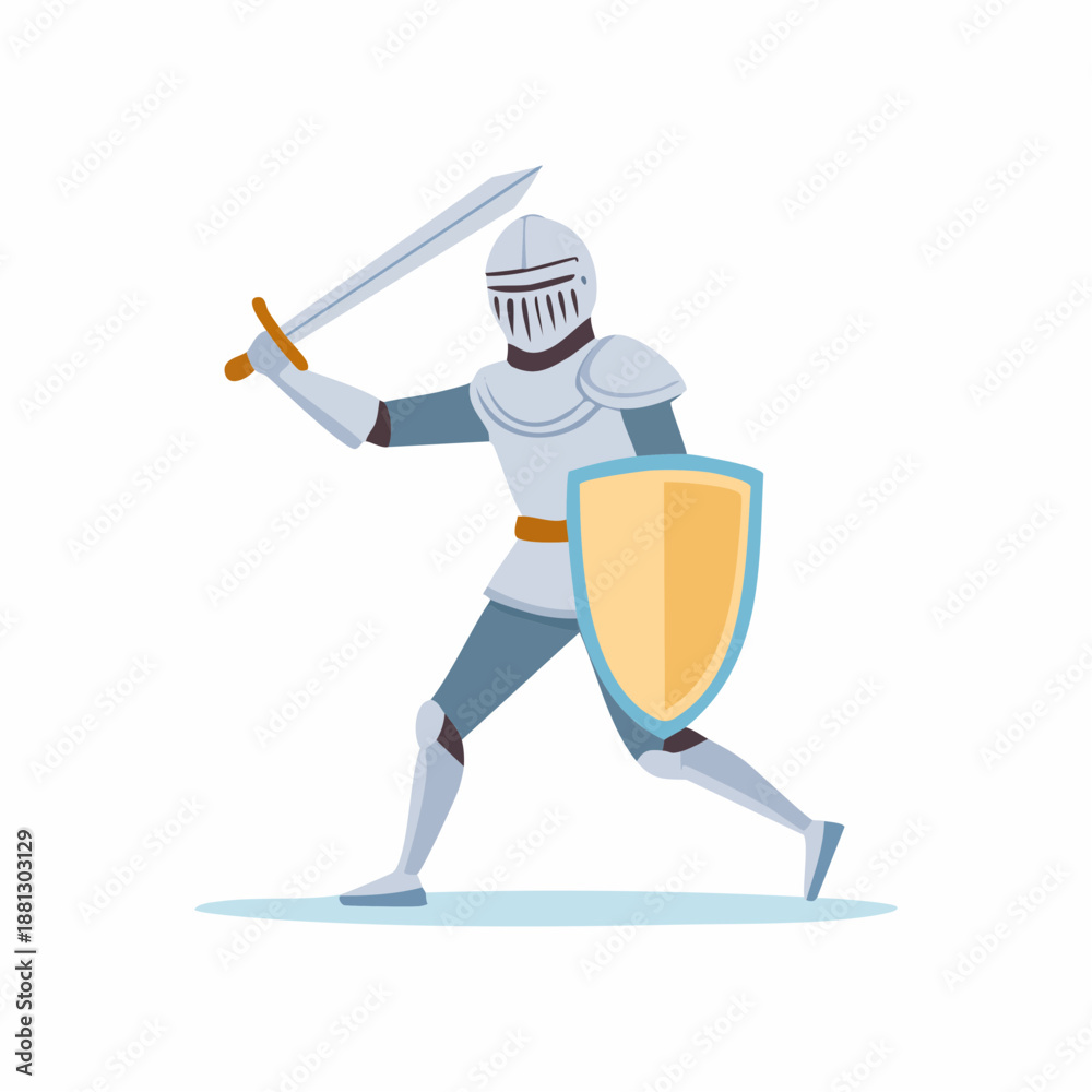 Fototapeta premium Brave Knight Warrior in Full Armor with Sword and Shield Ready for Battle