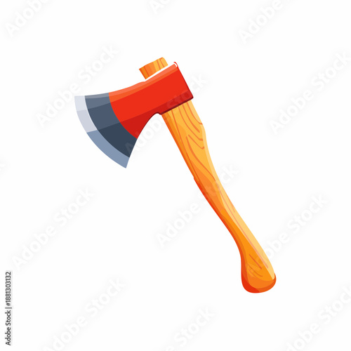 Axe with red head and wooden handle isolated on white.  Tool used for cutting wood or other items. A forestry hatchet for working outdoor.