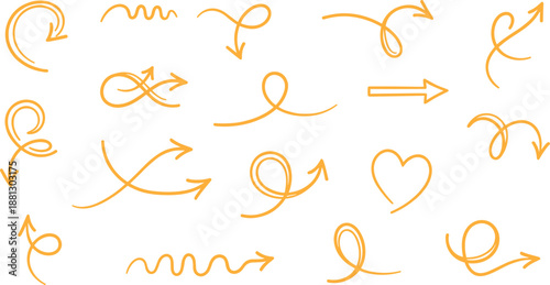 Vector illustration of decorative red arrow icon set with swirls, loops, hearts, and artistic motion design element