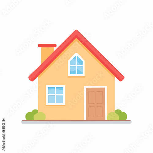 Stylized cartoon house illustration, simple building with gable roof, chimney, windows, and front door for design and advertising
