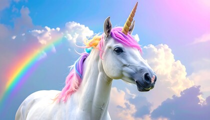 Majestic Unicorn with Rainbow and Clouds.
