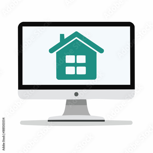 Monitor displaying a house icon for real estate, property, or home loan concepts.