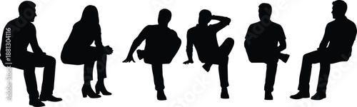 Sitting people silhouettes set, men and women resting in chairs, architectural scale figures, cad drawing flat vector illustration, group of people.