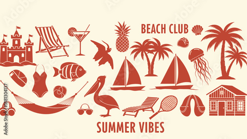 Summer beach club icons set, tropical vacation elements, palm trees, sailboats, sandcastle, hammock, cocktail, cad drawing flat vector illustration, sea travel.