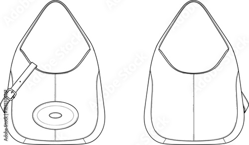 Technical illustration of triangular-top handbag with buckle strap, oval detail, rounded bottom, front and back views in vector format