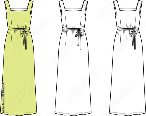 Technical fashion illustration of sleeveless long dress with square neckline, drawstring waist, gathered front, and bow detail