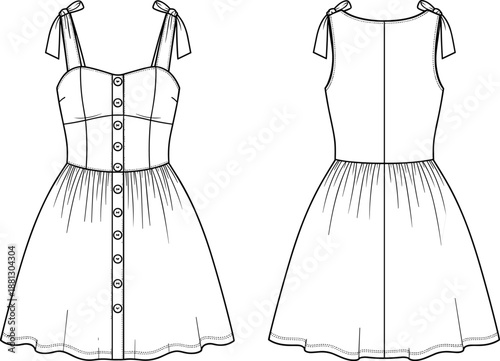 Technical fashion sketch of sleeveless dress with bow straps, button-down front, princess seams, flared skirt, and center back seam