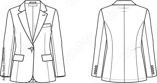 Technical fashion sketch of tailored blazer with notched lapel, single-button closure, flap pockets, princess seams, and sleeve buttons