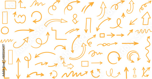 Vector illustration of hand-drawn arrow icon set with mixed shapes, sketch style, and directional design element