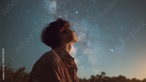 Person looks up at night sky filled with stars while standing in an open field under a clear sky in a remote location