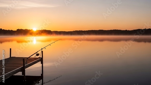 Peaceful sunrise fishing scene on a calm lake with morning mist, featuring a fishing rod on a wooden dock at golden hour with ample copy space.