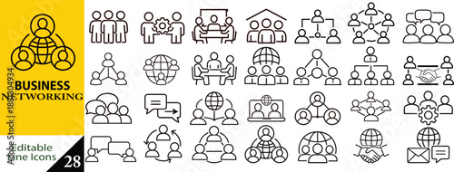 Business Management Team Networking Line Editable Icon Set Editable Stroke Vector Illustration Office People