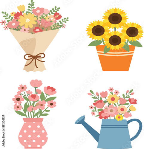 Cute flat flower bouquet set in wrapping paper, pot, vase and watering can, colorful spring floral clipart collection for design