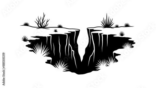 Desert Flora Adorning Canyon Ledge Vector Silhouette Graphics.